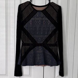 Maira black grey/blue crocheted long-sleeved top, size medium. Excellent cond.!